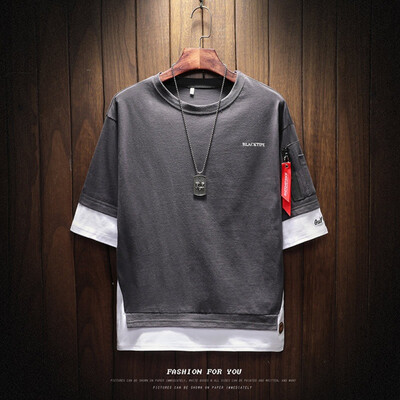 

2019 Summer Mens T-Shirt Fake 2 PCS Patchwork Loose Tee Tops O-Neck Short Sleeve Tops Male Zippers T-Shirts