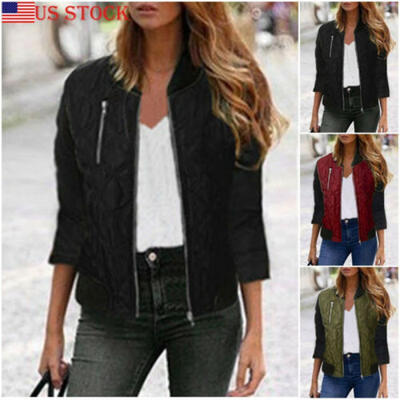 

US Womens Bomber Jacket Ladies 100 Cotton Zip Up Biker Quilted Coat Tops -3XL