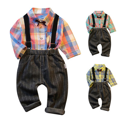 

Baby Boy Clothing Set Spring Autumn Gentleman Baby Long Sleeve Plaid Print TopStrap Trousers Casual Sets Children Clothes