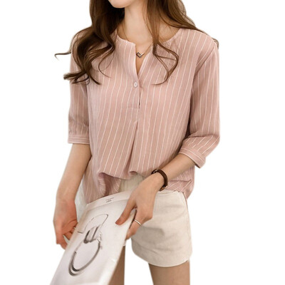 

Womens Tops Casual Blouses Summer Striped Female Shirts V Neck Three Quarter Sleeve Vintage Clothing