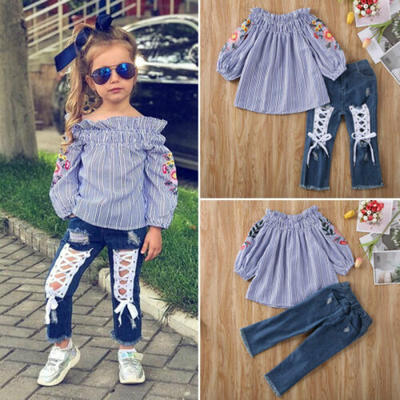 

UK Toddler Girls Kids Flower Off Shoulder Tops Denim Trousers Jeans Clothes 2PCS