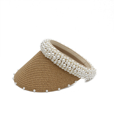 

spring&summer new hat womens summer knitted sun-shading cap hand-made pearl empty top straw hat travel beach cap