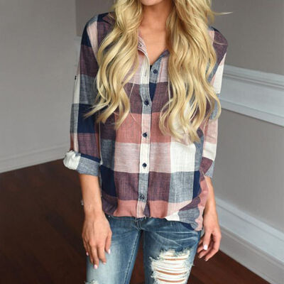 

Spring&Autumn Office ladies Cotton Lapel Casual Long Sleeve Plaid Print Blouse Work Shirts Women Tops blouse plus size