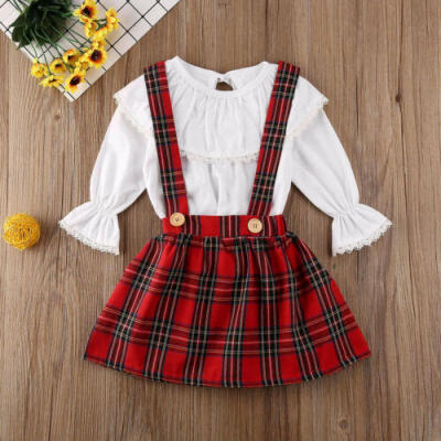 

US Christmas Newborn Baby Girl Kid Clothes Ruffle Top Plaid Strap Skirt Xmas Set