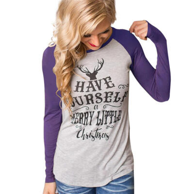 

Christmas Fashion Long Sleeve Women Blouse Letter Elk Pattern Slim Tops