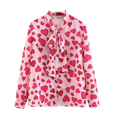

Heart Print Chiffon Women Blouses Pink Long Sleeve Turn Down Collar Lace Up Women Shirt Summer Casual Female Streetwear Top