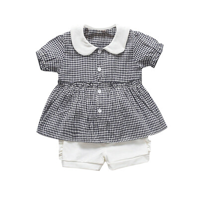 

Childrens Clothing Summer Baby Girls Casual Short Sleeve Plaid Pattern Turndown Collar T-shirt TopsShorts Suits Costume Set