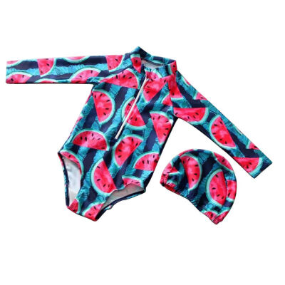 

Childrens Swimsuit Cute Watermelon Print Long Sleeve Bodysuit Hat Two-Piece Girls Swimming Swimwear