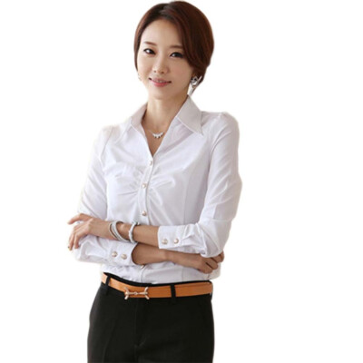 

Newest All-match Daily Lady Office Shirts Elegant Turn-down Collar Full Sleeve Solid White Work Blouse