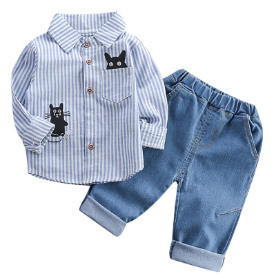 

Baby Boys Clothes Set Autumn Long Sleeve Striped Cat Print Shirt Blouse TopsDenim Pants Children Trouser Set