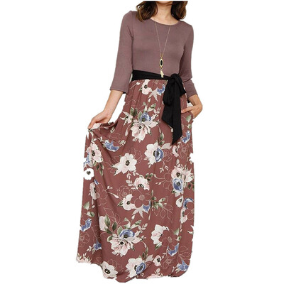 

Women Girl Splicing Floral Round Neck Long Sleeve Maxi Dress Side Pocket Dress