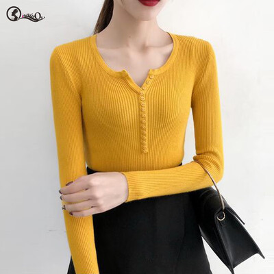 

Autumn Women Sweater 2019 NEW New Solid Ladies Sweater Sexy Button Slim V-neck Long-sleeved Knit Pullovers