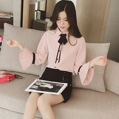 

Fashion Flare Sleeve Sweet Blouse Bow Collar Office Ladies Blouses Blusas Women Chiffon Shirt Tops