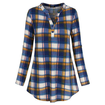 

Women Cotton Linen Blouse Fashion Plaid Print Blouse Button V-neck Long-sleeved Bottoming Shirt Women Autumn Shirt Tops