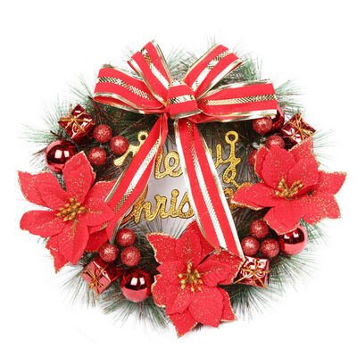 

40cm Christmas Wreath With Merry Christmas Sign Decorative Balls Poinsettia And Bowknot Holiday Front Door Wall Window