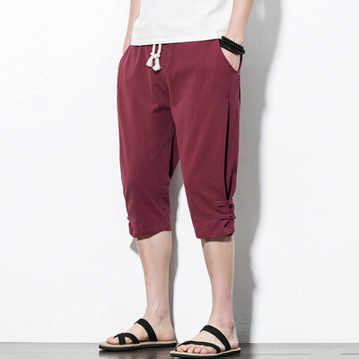 

Tailored Mens Summer Fashion Leisure Pure Color Button Linen Loose Calf-Length Pants