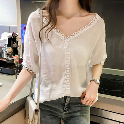 

Shirt Short Sleeve Summer Women Blouses Tops Casual Lace Stitching V-neck chiffon shirt