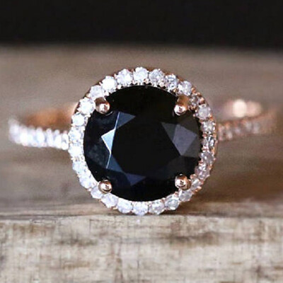 

Natural Round Black Stone Ring Full White Zircons Ring For Women Jewelry For Wedding