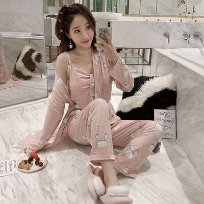 

Woman Autumn Sexy Pajamas Set Printed Sling Sleepwear 3 Peices Long Sleeves Soft Comfort Homewear Sexy Robe Sleepwear