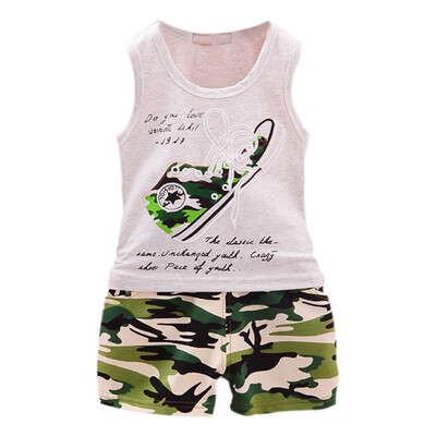 

2PcsSet Summer Baby Boys SleevelessCotton Camouflage Shoes Print Tops Blouse VestShorts Casual Outfits Sets