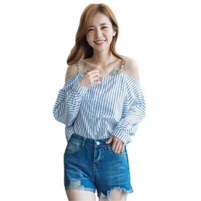 

COCKCON Brand New Summer Women Blouses Sexy Cold Shoulder Blue White Striped Print Long Blouse