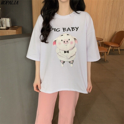 

Womens Cute Loose Round Neck Cartoon Pig & Letters Print Short Sleeve Long T-Shirt Pullover Girls T-Shirts
