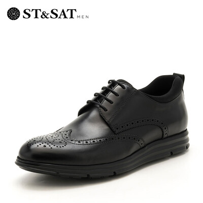 

Saturday mens shoes ST&SAT first layer leather business dress massage function bottom non-slip health shoes SS73123410 black 40