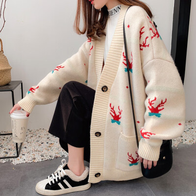 

Women Sweater Cardigans Autumn Winter Cartoon Embroidery Christmas deer Cardigans Poncho Single Breasted Knit Sweater