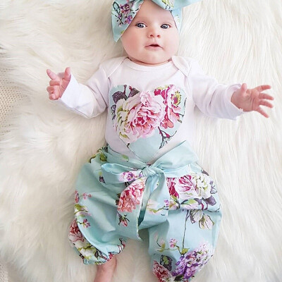 

Fashion Infant Baby Girl Floral Clothes Romper Tops Pants Headband Outfit Set