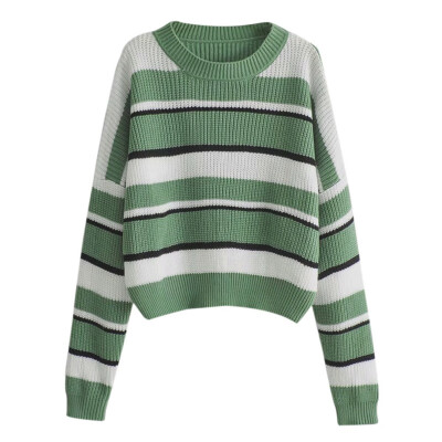 

Women Autumn Winter Sweater Stripes Print Fresh Style Long Sleeved Round Collar Casual Knit Sweater