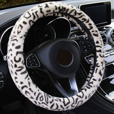 

1538cm Car Steering Wheel Cover Protector Plush Leopard Print Anti-slip Black