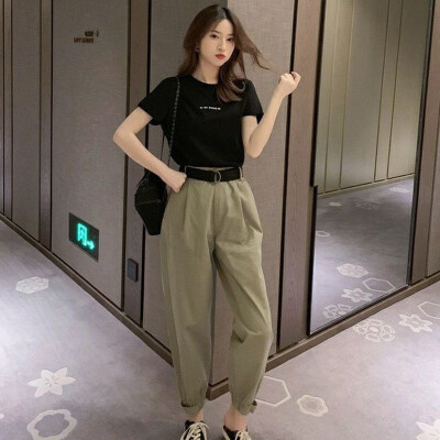 

T-Shirt Casual Slim Solid Color Waist Harem Pants Two-Piece Summer Fashion New Simple And Comfortable