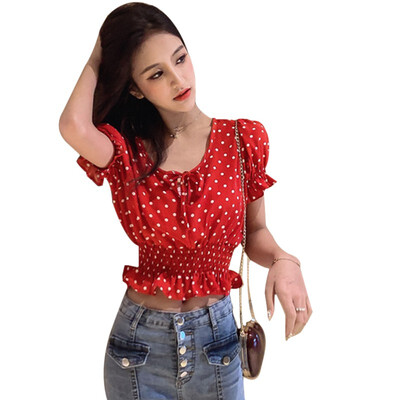

Women Chiffon Blouse Top Short Sleeve Casual O-Neck Shirts Loose Tops Polka Dot Print Thin Shirt Lace Up Butterfly Sleeve Blouse