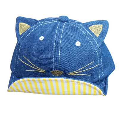 

Infant Baby Boy Girl Caps Cartoon Cat Embroidered Striped Baseball Caps Denim Cowboy Hats