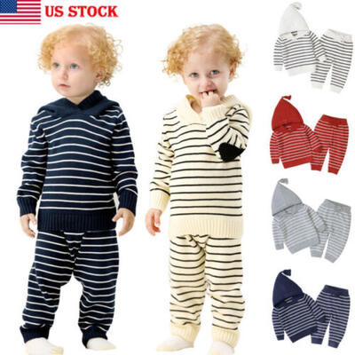 

US Baby Toddler Boy Girl Xmas Hooded TopsLong Stripe Knit Pants Outfits Clothes