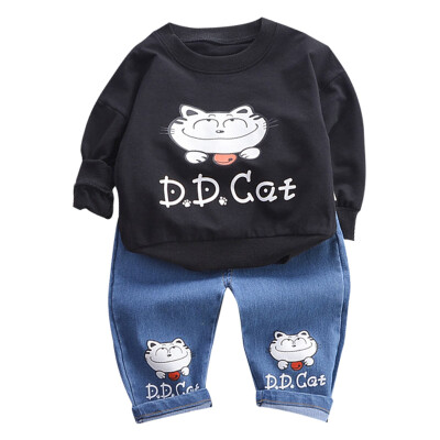 

New Autumn Children Boys Set Baby Clothing Long Sleeve Cartoon Cat Print T-Shirt TopsDenim Pants Trouser Clothes Set 6-48M