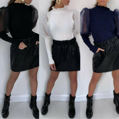 

Womens Puff Sleeve High Neck Casual OL Shirt Ruffle Crop Tops Long Sleeve Blouse