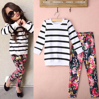 

Kids Baby Girls Striped T Shirt TopsFloral Pants Set Clothes Cotton Outfits US