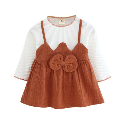 

Newborn Baby Girls Fake Two-piece Bow Long-sleeved Dress Casual Dress Outfits Fashion Summer Spring Clothes