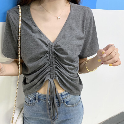 

Sexy V Neck Cropped Tank Tops Women Drawstring Tie Up Front Camis Candy Colors Streetwear Loose Crop Top 2019