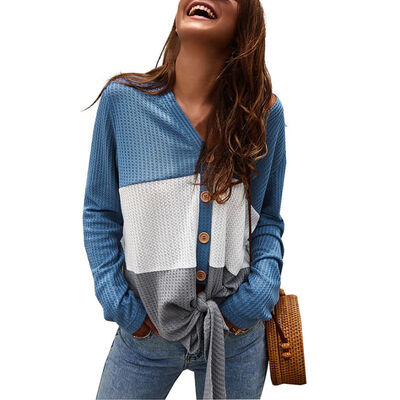 

Women Autumn Stylish Sexy Deep-V Collar Blouse Color-blocked Long Sleeve Casual All-match Knit Striped Tops