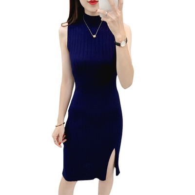 

Women Sexy Slim Round Neck Knit Slit Dress Novel Chic Sleeveless Fashion Solid Color Knee-length Dress