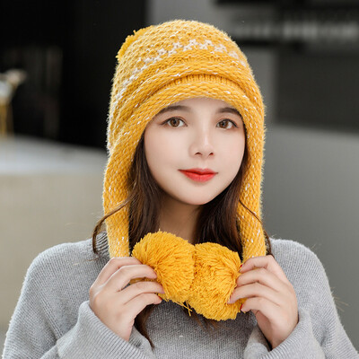 

Hood Warm Woman Fleece Thickened Knitted Cap Neck Cap Autumn&Winter Wool Cap Tri-wool Ball Ear Protector Neck Cap