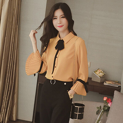 

Fashion Flare Sleeve Sweet Blouse Bow Collar Office Ladies Blouses Blusas Women Chiffon Shirt Tops