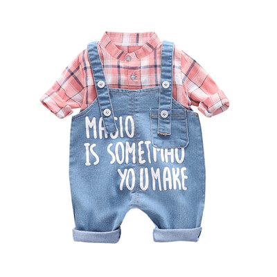 

New Autumn Baby Boy Clothes 0-3T Shirt Denim Bib Pants 2pcs Boy Set Fashion Cotton Letter Printing Plaid Pattern Children Set