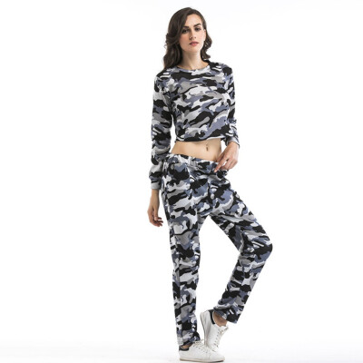 

Toponeto Womens Camouflage Sports O-Neck Short Sweater Trousers Womens Suit