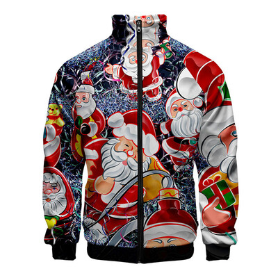 

Christmas Jacket Fashion 3D Color Printing Stand Collar Zipper Christmas Coat Santa Claus Print Color Long Sleeve Jacket