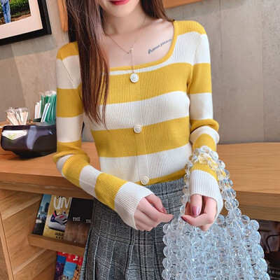 

Autumn New Loose Casual Striped Pattern T-shirt Korean Style Round Neck Long-sleeved Women Knit Tee Top