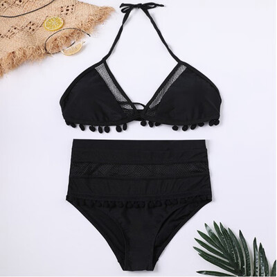 

2019 Women Sexy Halter Retro Mesh Hollow Out String Swimsuit Bathing Suit Female Bra Set High Waist Plus Size Swimwear Bikini