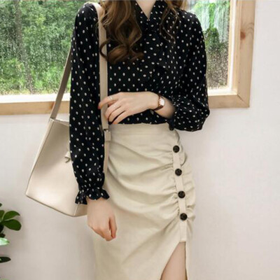 

Womens Long Sleeves Bow Tie Button Office Tops Polka Dot Print Loose OL Blouse
